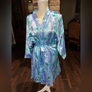 Vintage Intimates Liz Banks Blue Floral Print Robe /gown Tie hanger 2X